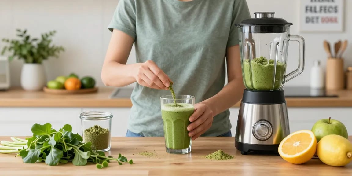 Potent green elephant kratom powder being prepared in a healthy smoothie, promoting wellness and vitality.