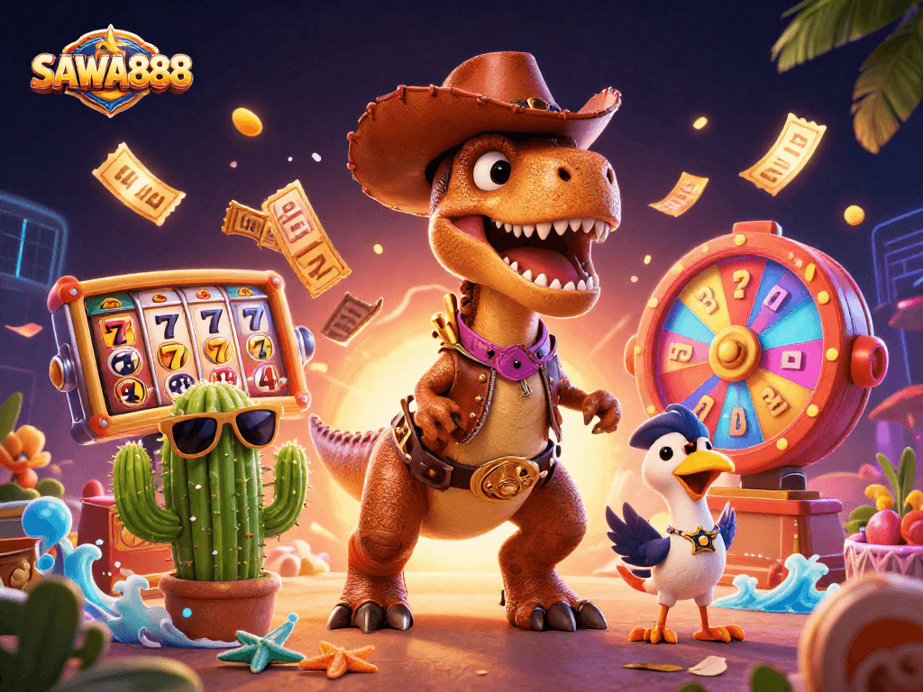 Experience the excitement of SAWA888 with dynamic slot reels and fun characters in this colorful illustration.