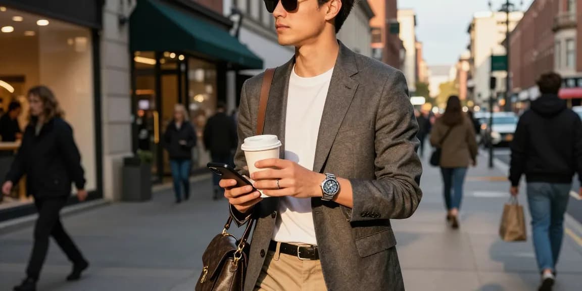 Elegant individual showcasing clone watches in a chic urban setting.
