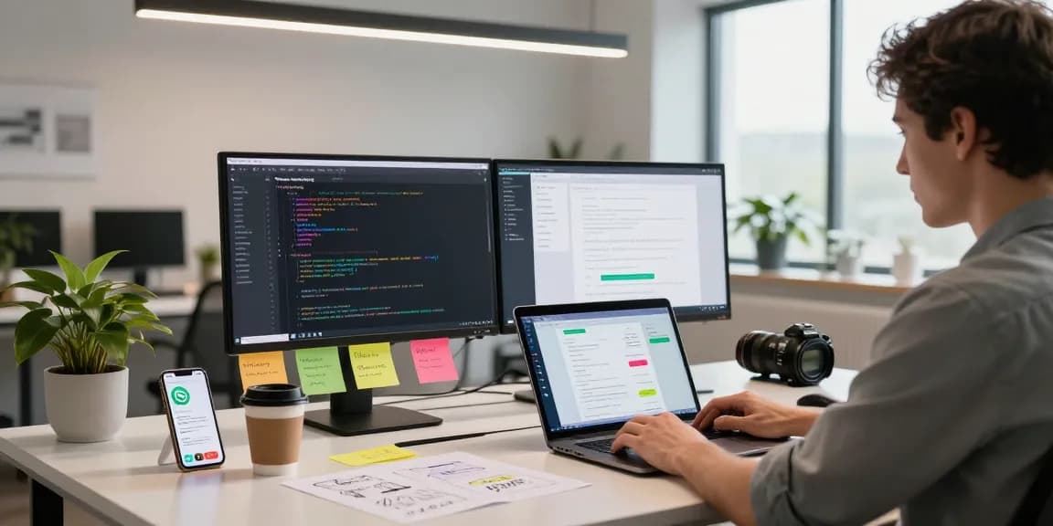 Developer coding WhatsApp下載 application in modern workspace with vibrant notes and plants.