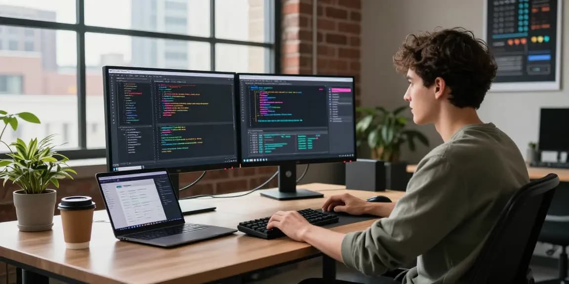 developer coding on dual monitors showcasing generative AI in a modern tech workspace