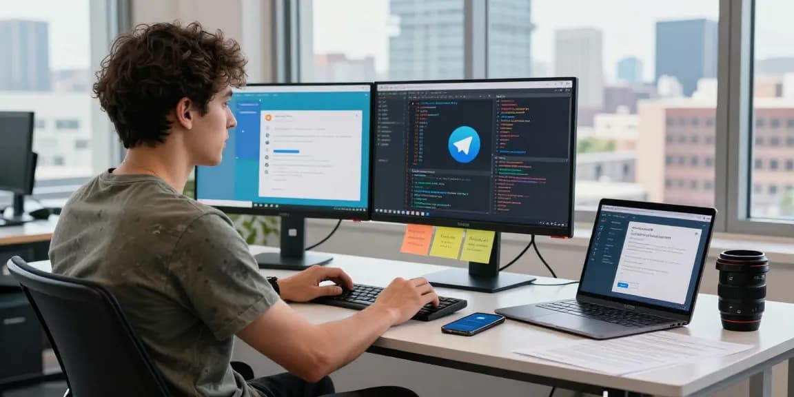Telegram Download in action at a modern workspace with developer coding and using Telegram.