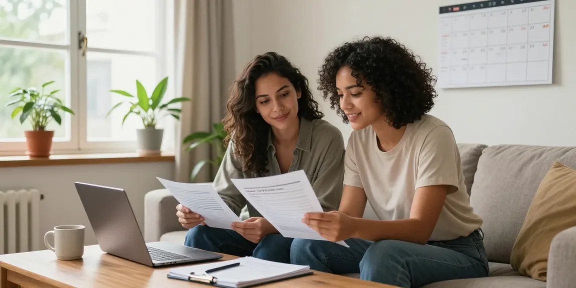 Couple reviewing documents for credit consolidation in a cozy living room.