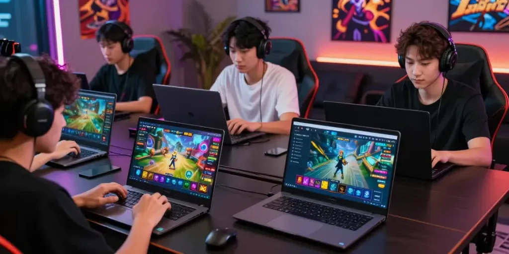 Excited players enjoying various games on the nhà cái debet platform with colorful graphics and cozy ambiance.