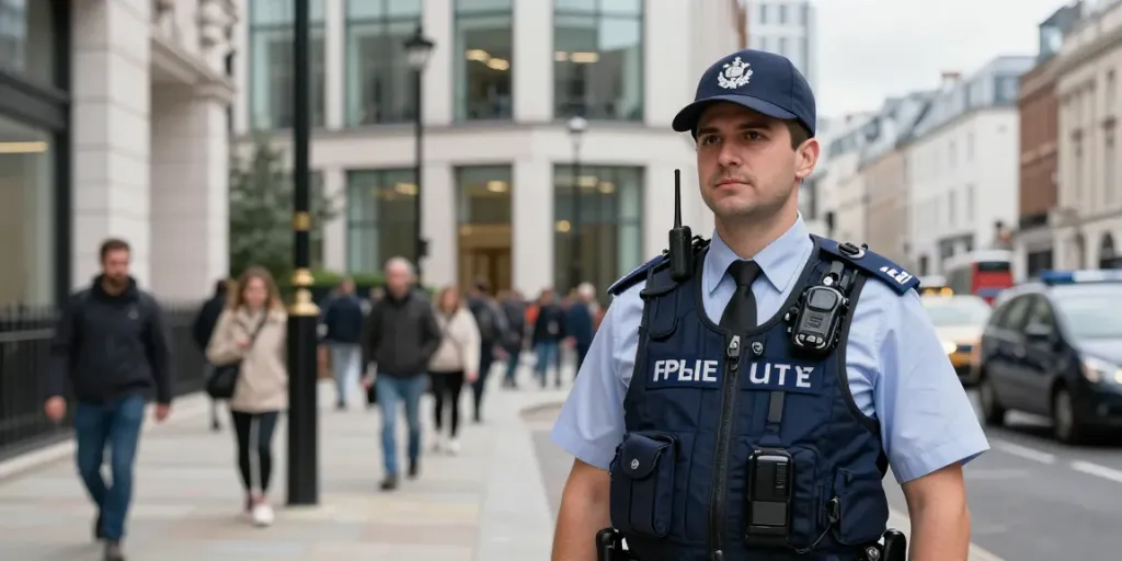Security Guards monitoring urban safety in London, ensuring community security.