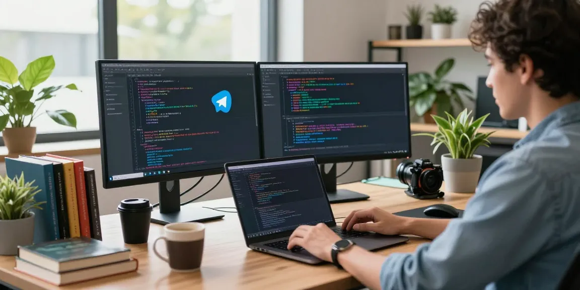 Dynamic workspace showcasing Telegram下载 app interface on dual monitors in a modern tech environment.