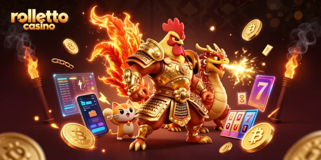 Engage with rolletto casino's vibrant 3D scene featuring animated characters amidst crypto elements.