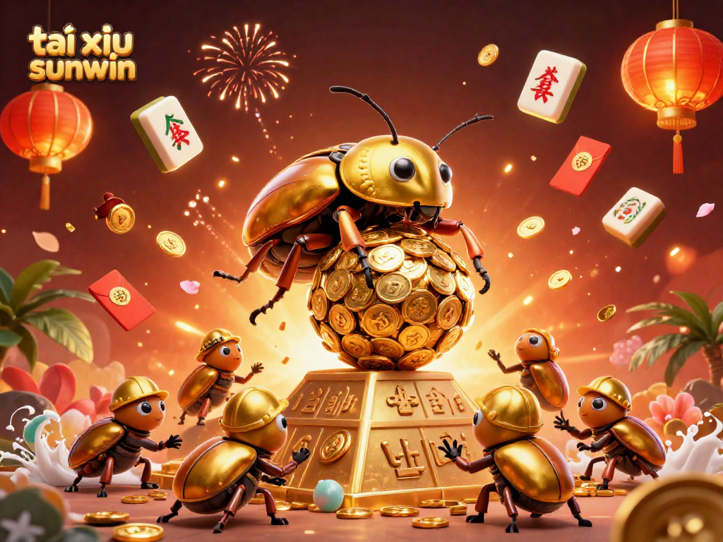 Engage in tài xỉu sunwin with vibrant 3D illustration featuring golden beetles and casino symbols.