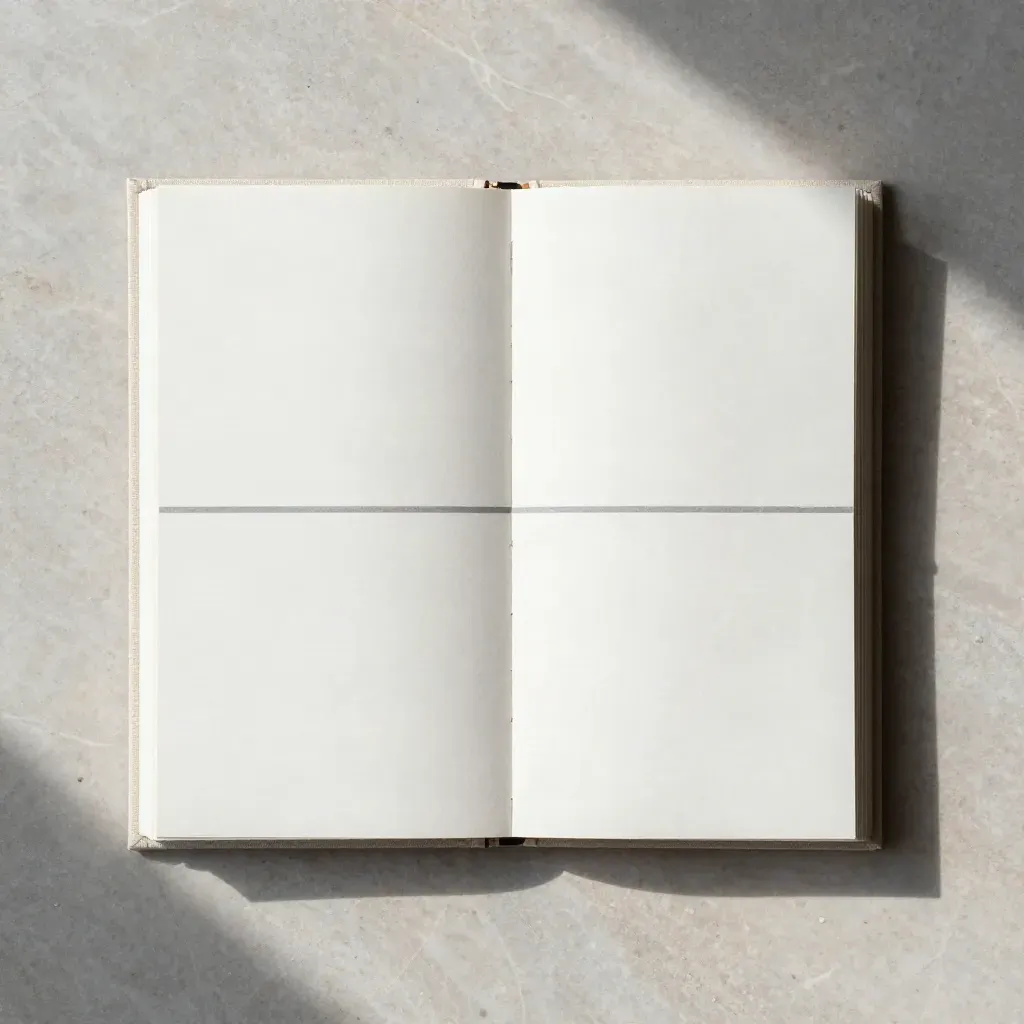 Overhead watchlist folio, stacked inserts and marker strip on brushed limestone.