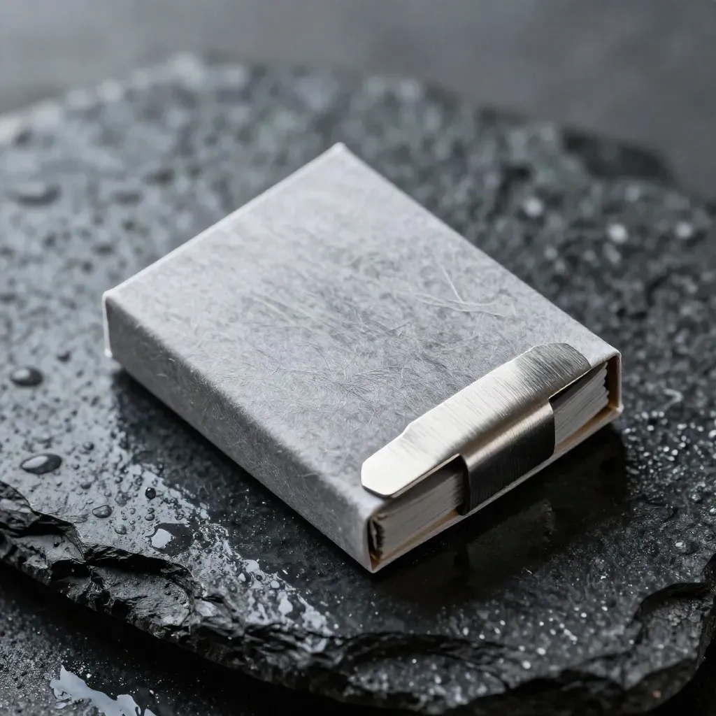 Graphite signal pack on wet basalt with a brushed-metal tab in rain mist.