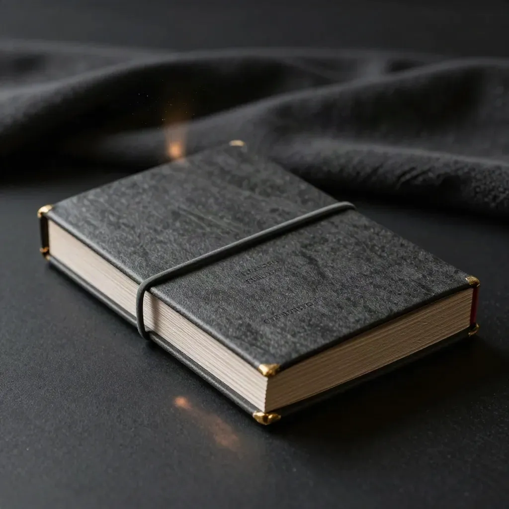 Dark risk-rules booklet with band and separator card on folded textile, lit dramatically.