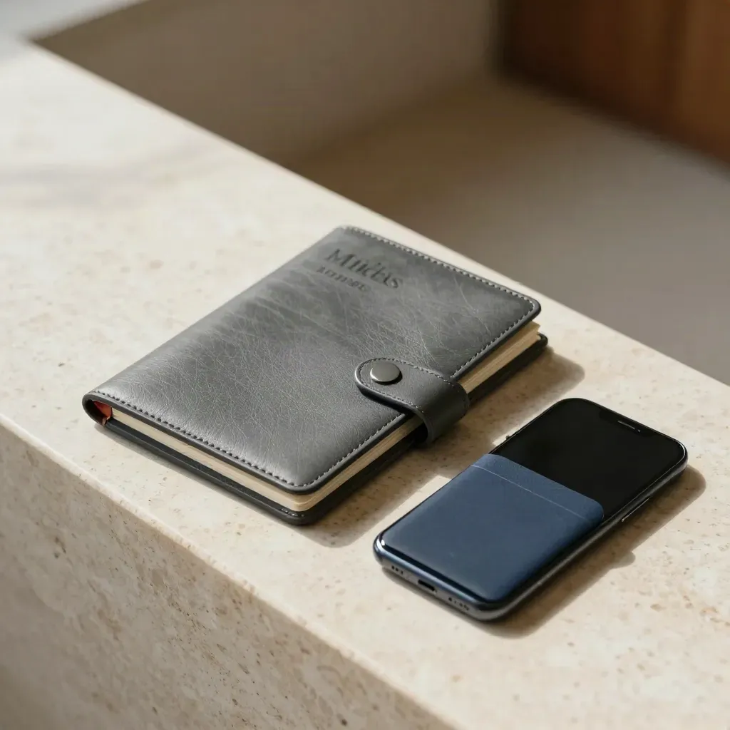 Starter trading bundle on travertine ledge with phone, folio, guide and sleeve
