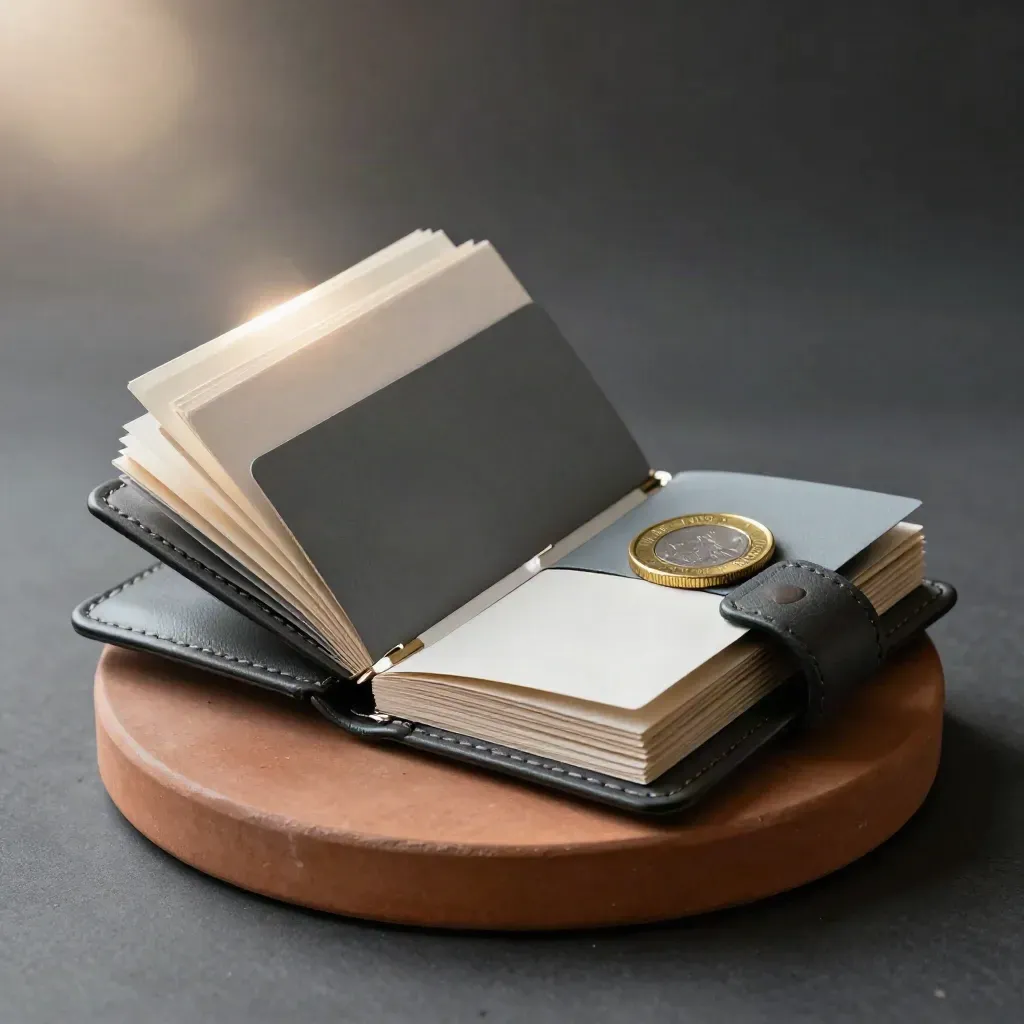 Charcoal dividend folio with tabbed inserts and a brass coin weight on terracotta