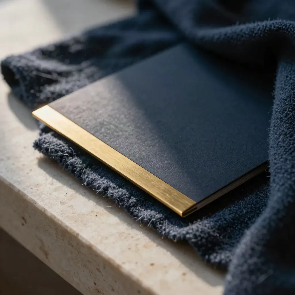 Charcoal paper signal set with brass strip on wool and travertine in dawn light