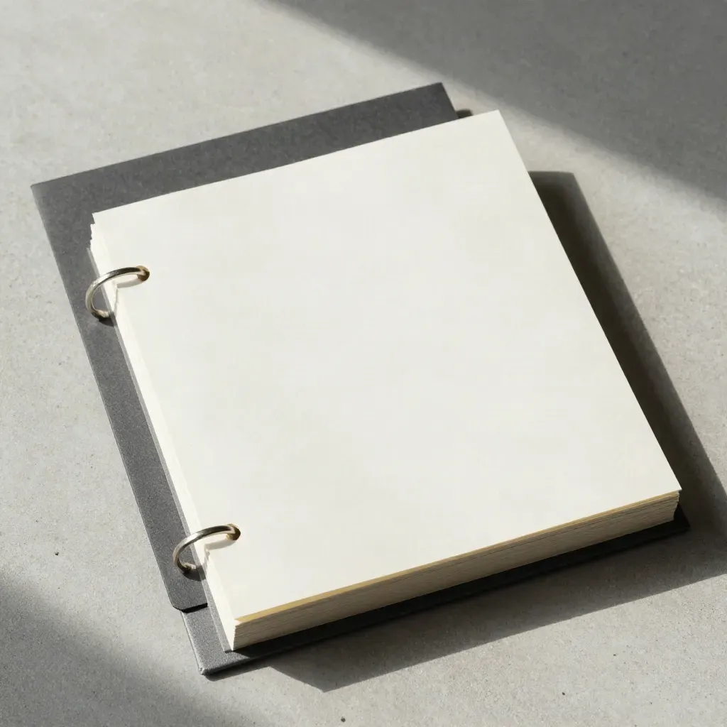 Overhead flatlay of a daily notes pack with monochrome sheets, divider and binder ring on concrete.