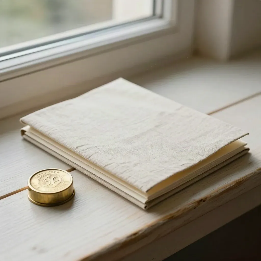 Linen dividend folio with inserts and brass paperweight on a pale wood bench by a window.