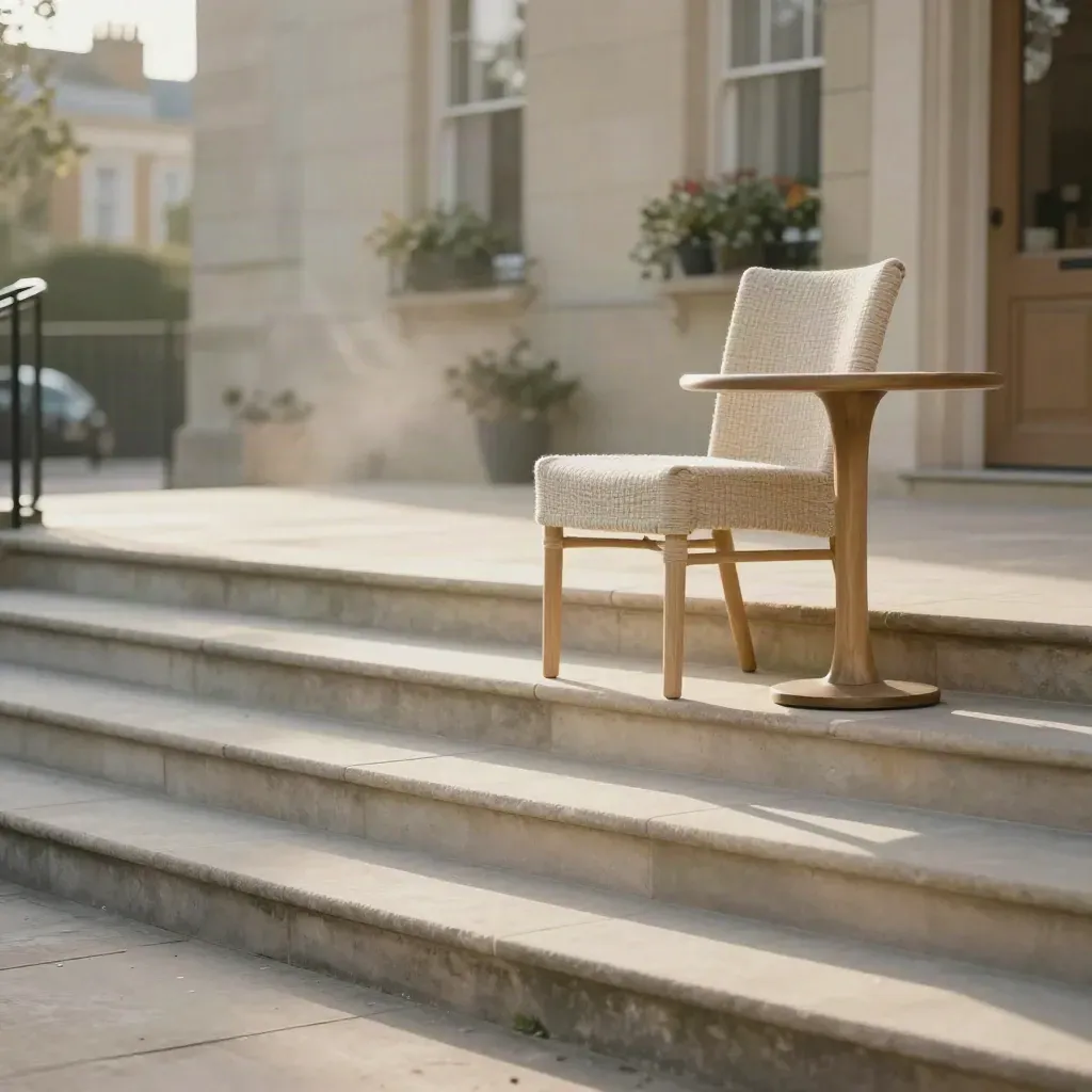 Sunlit pale stone terrace with a linen café chair and blurred townhouse in warm haze.