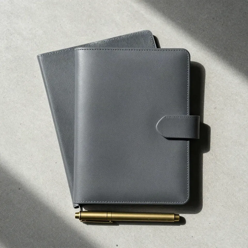 Overhead folio, folded agenda card and brass marker on concrete in soft daylight.
