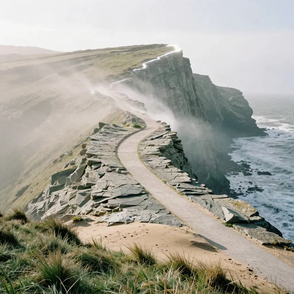 Weathered coastal headland with spray and a pale path above a calm misty slope.