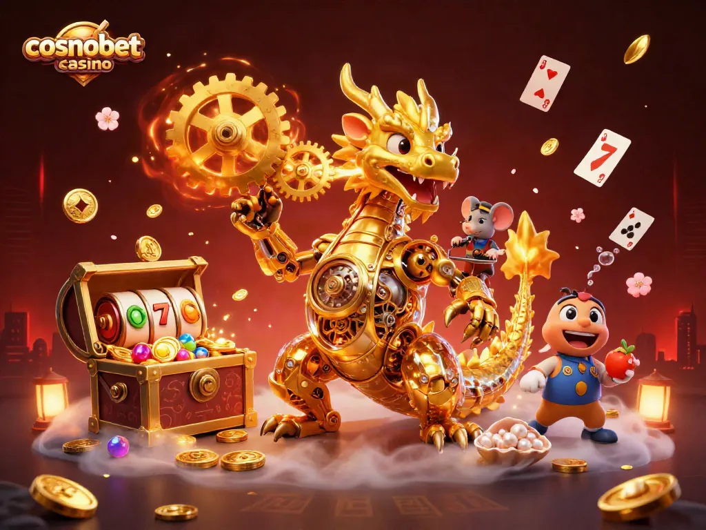 Experience the thrill at cosmobet casino with an ultramodern dragon and spinning slot reels.