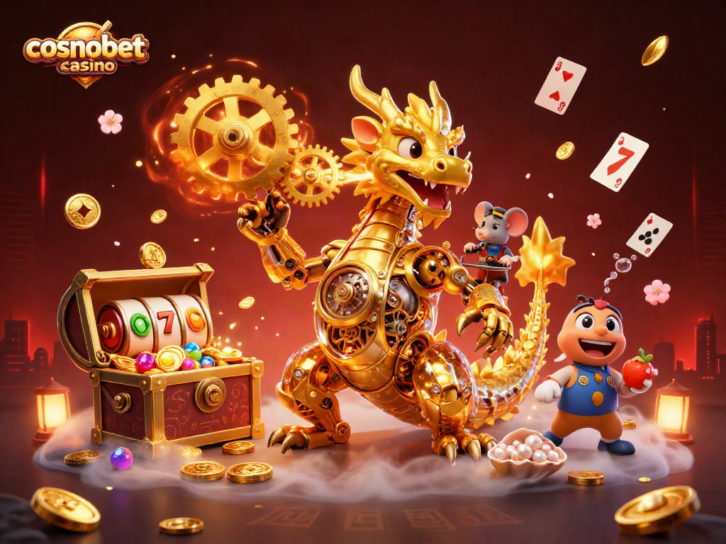 Experience the thrill at cosmobet casino with an ultramodern dragon and spinning slot reels.