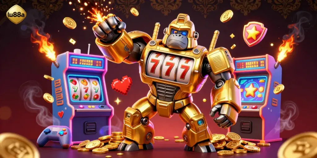 Experience thrilling gaming action with lu88a's vibrant golden gorilla mech amidst slot reels and colorful arcade elements.