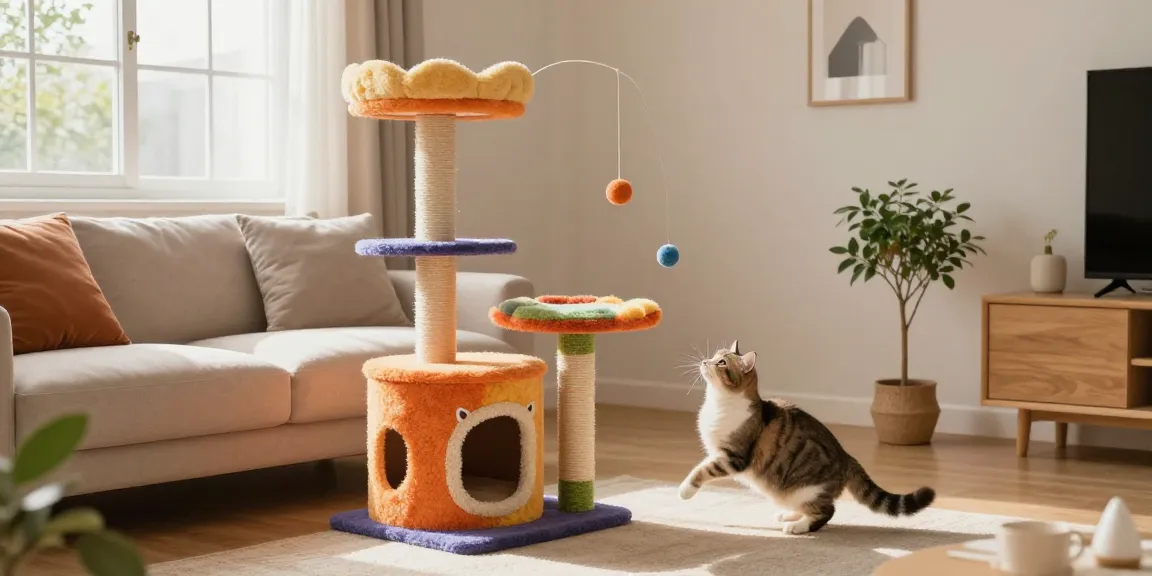 Playful cat climbing a multi-level cat tower cat tree in a cozy living room.