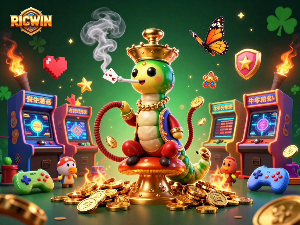 Play RICWIN in this vibrant 3D casino scene featuring poker hands and arcade games.