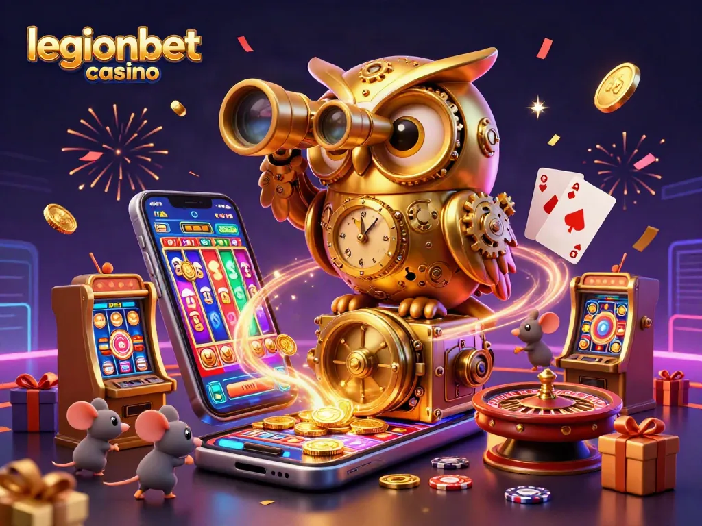Experience the excitement of legionbet casino with a vibrant illustration of a clockwork owl and casino elements.