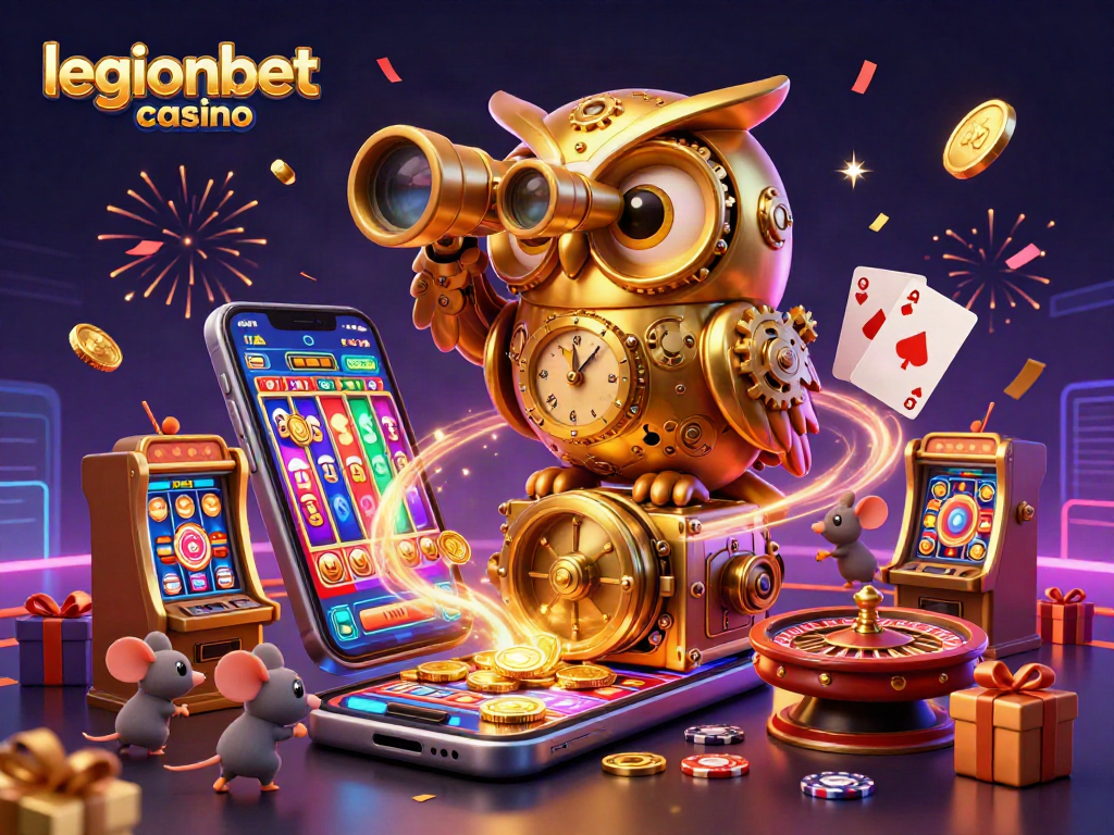 Experience the excitement of legionbet casino with a vibrant illustration of a clockwork owl and casino elements.
