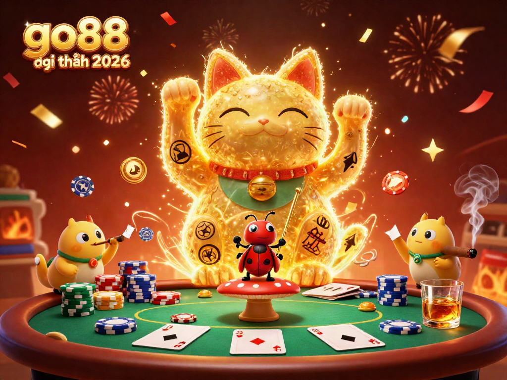Engage with go88 đổi thưởng 2026 in a vibrant casino world featuring a lucky cat and golden fireflies.