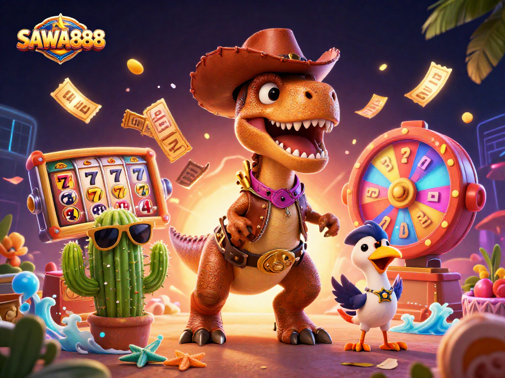 Experience the excitement of SAWA888 with dynamic slot reels and fun characters in this colorful illustration.