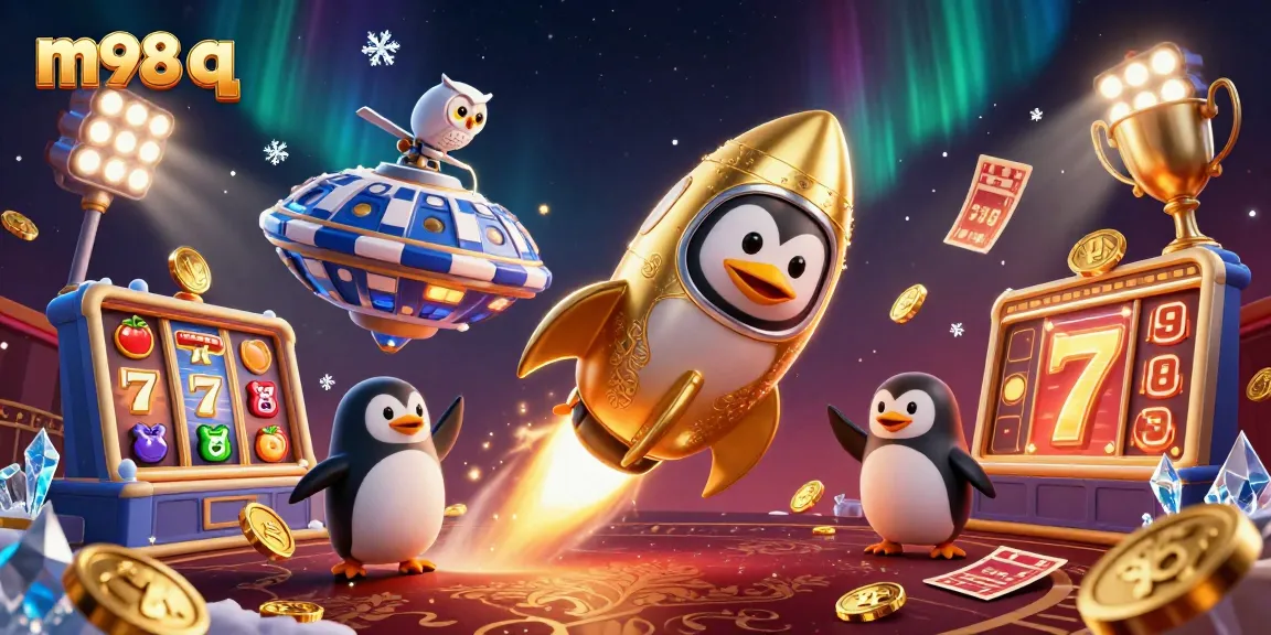 Experience the thrill of winning with m98 q in an exciting casino universe featuring a golden penguin and slot elements.