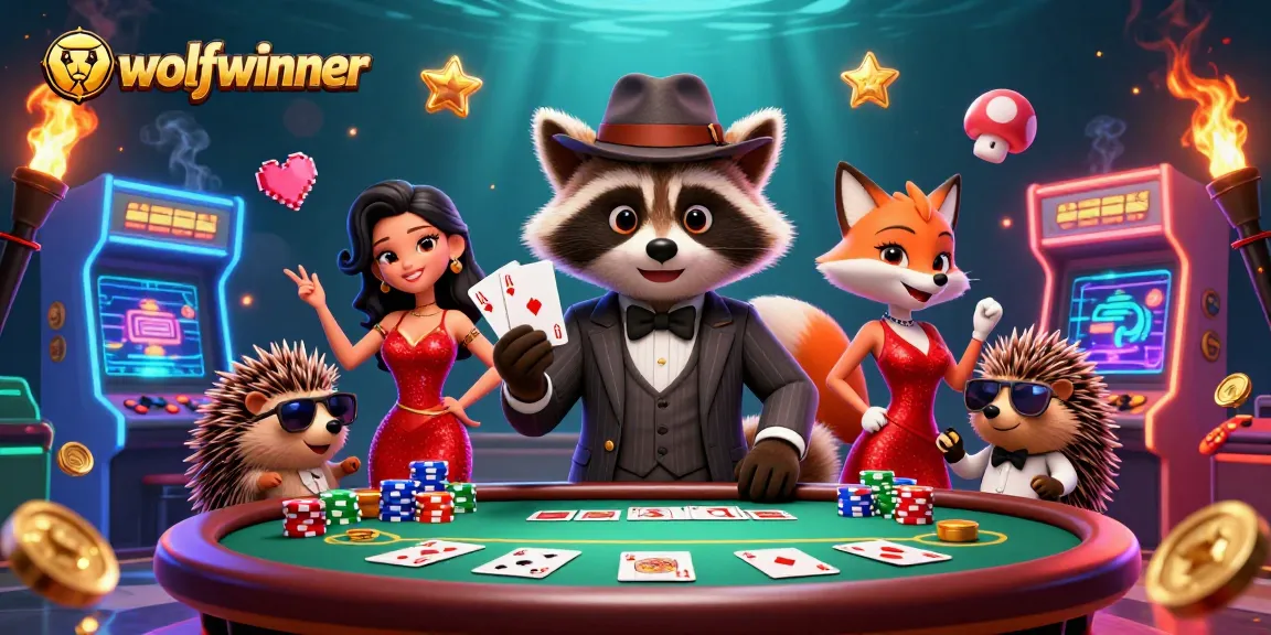 Experience the excitement at wolfwinner with a lively poker scene featuring colorful characters and vivid game elements.